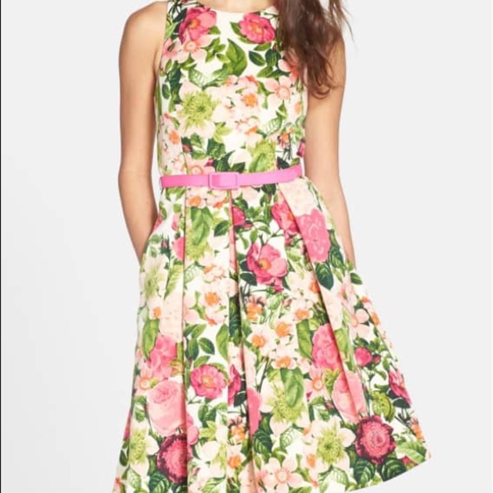 Eliza J Belted Print Faille Fit & Flare Dress